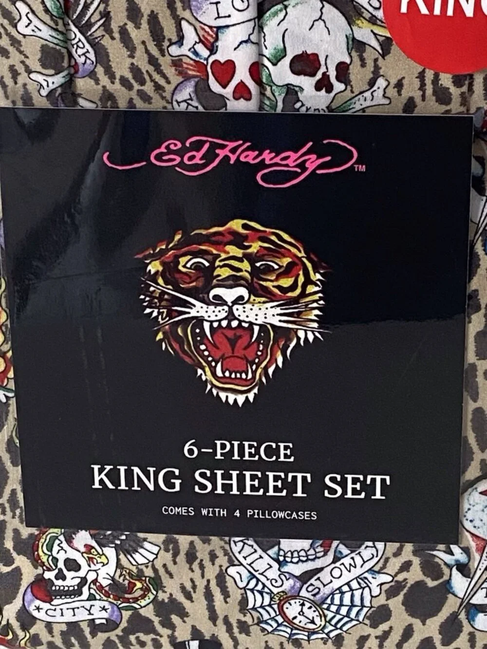 6 PC Ed Hardy KING SIZE‎ Sheet Set Skulls Heart Leopard Animal Print NEW